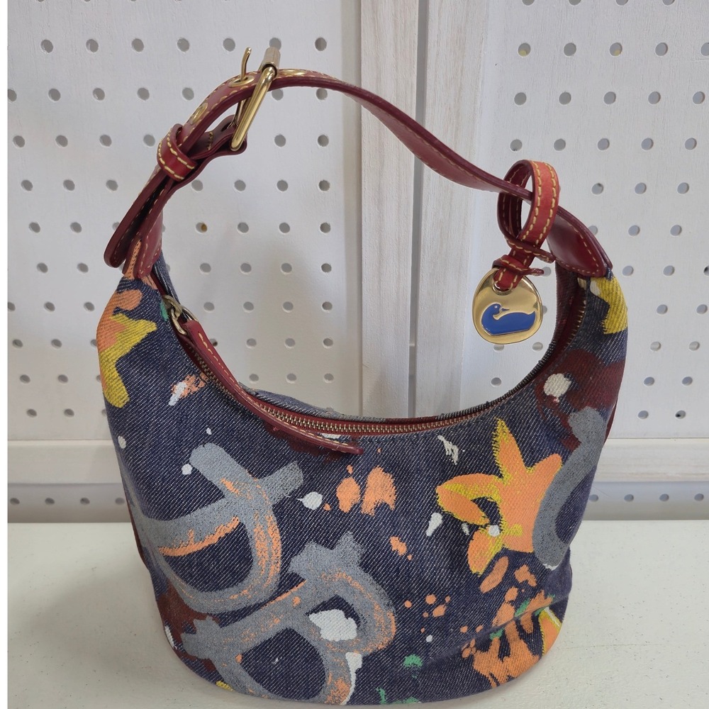 Dooney & Bourke Graffiti Denim Hobo Bag Red Leather Trim Gold Duck Charm